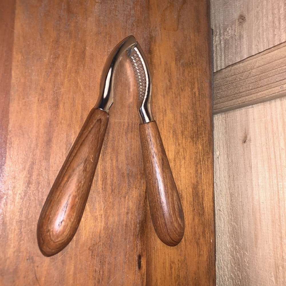 Vintage Nut Cracker MCM Danish Style Teak Wood Handle Stainless‎ Steel 6.5"